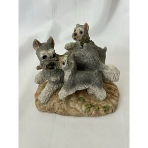 Cute Vtg Stone Critters Hand Painted Schnauzer Family Playing.